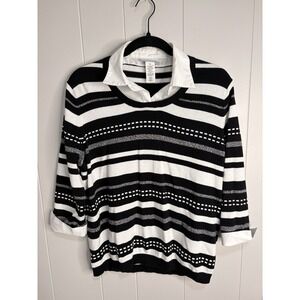 ALFRED DUNNER V Neck, 1/4 Sleeve, Striped Shirt With Sequin Size PM PETIT Y2K